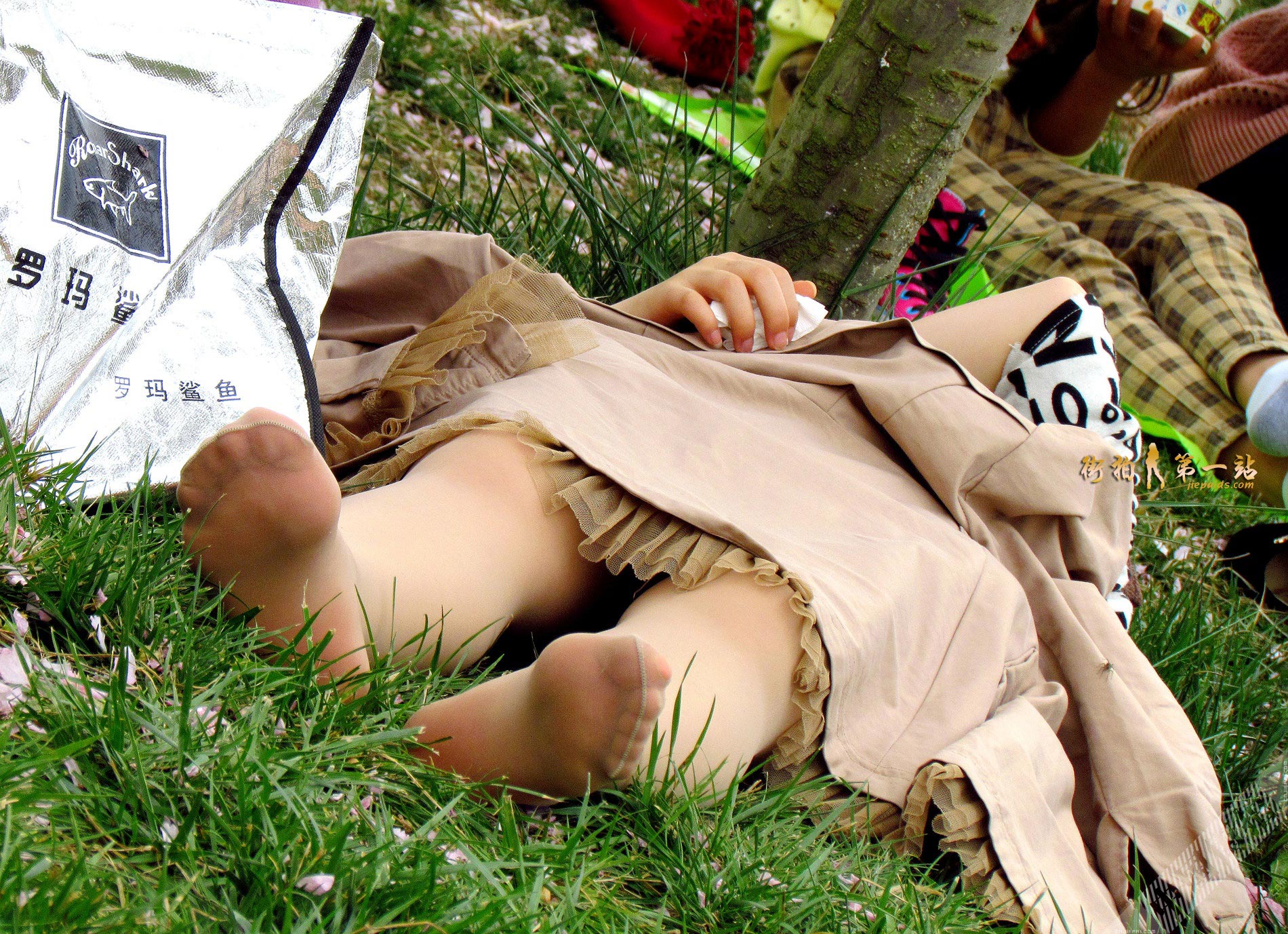 熟妇平躺在草坪上，她的丝袜玉足 图1